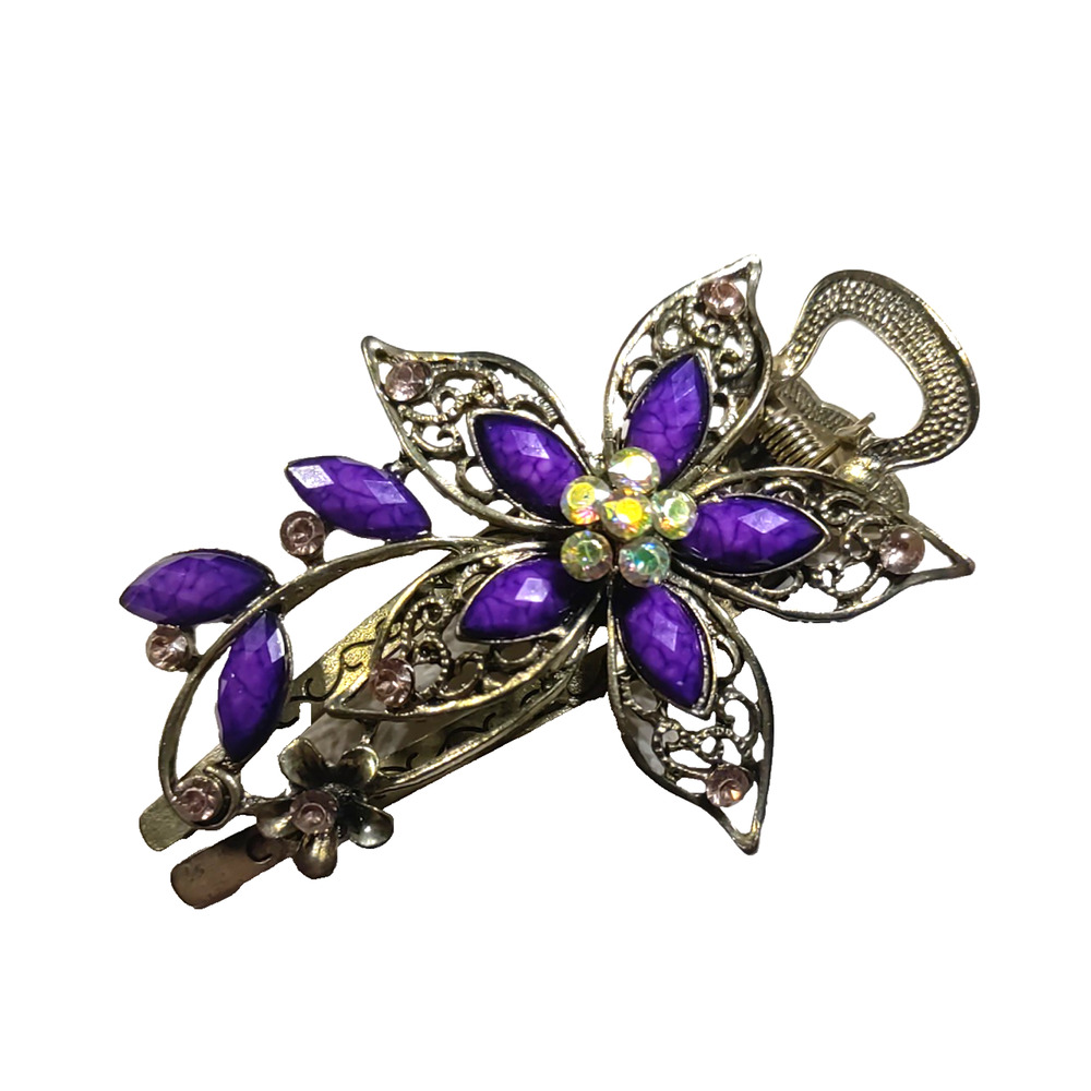 Hair Barrette Clip Gold Tone Purple Shiny Rhinestones Elegant Wedding Pageant